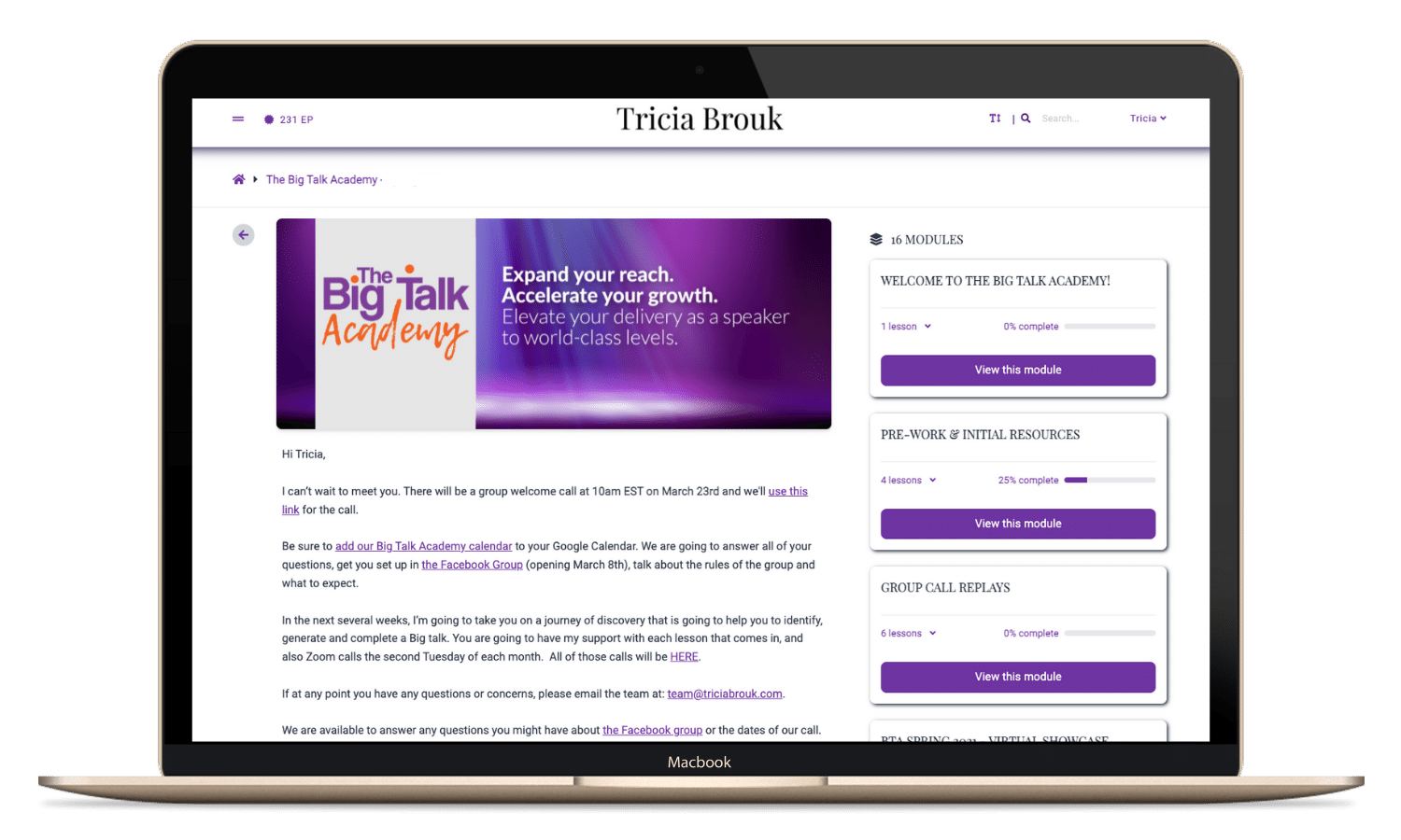 Banner of The Big Talk Academy Being Displayed on a MacBook screen